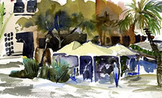 Harbortown umbrellas - watercolor painting